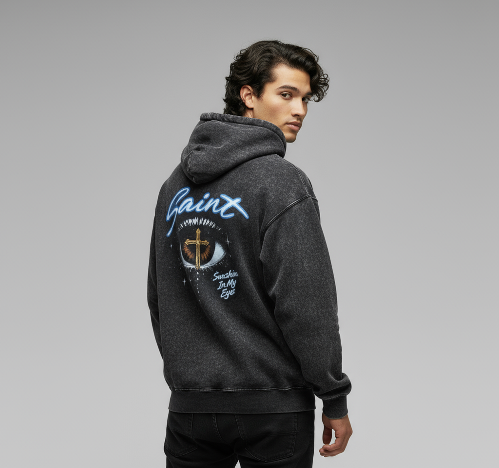 Saint Acid Wash Hoodie - Eye & Cross Graphic Design | Dripcode